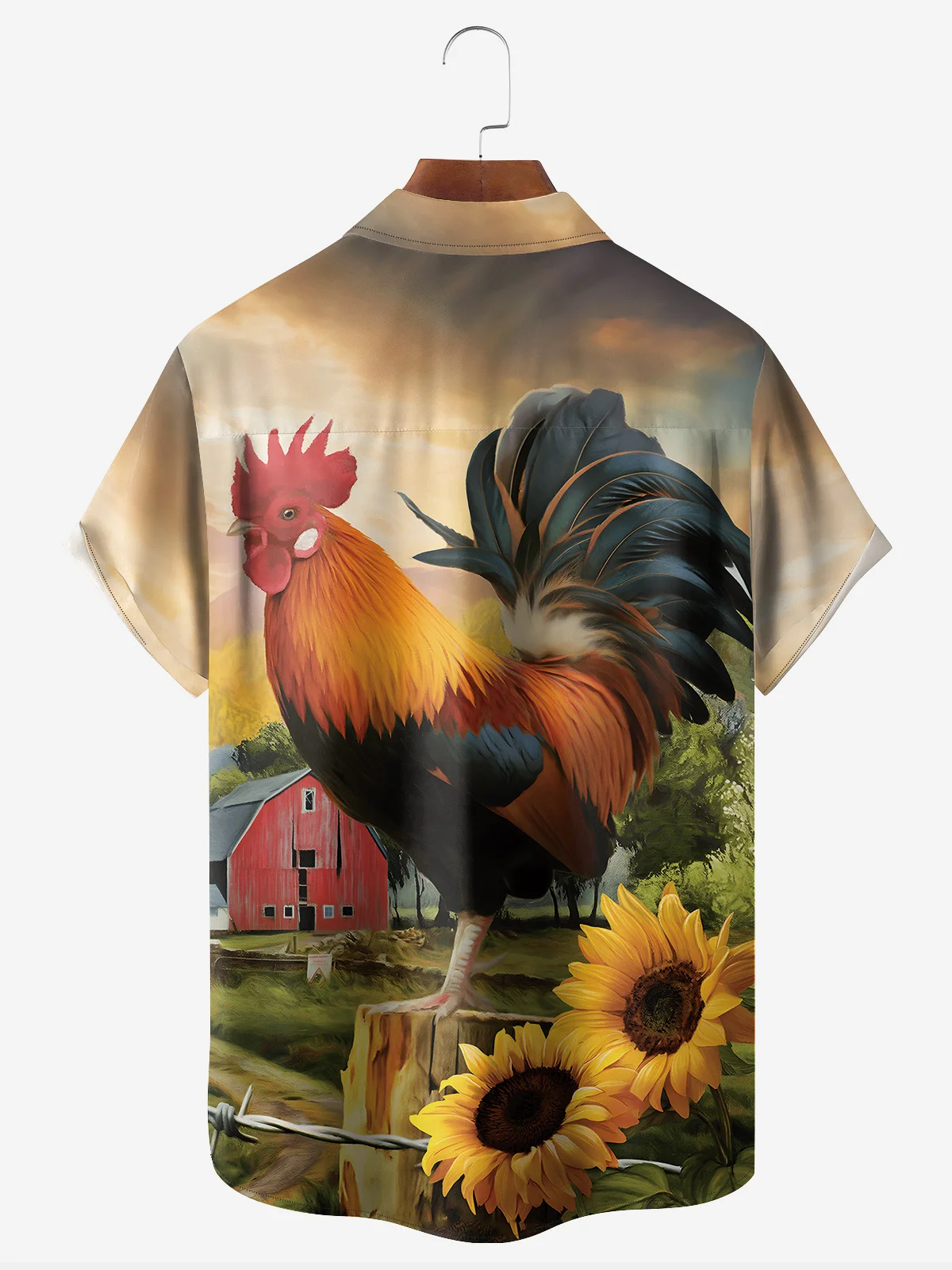 Farm Rooster Chest Pocket Short Sleeve Hawaiian Shirt