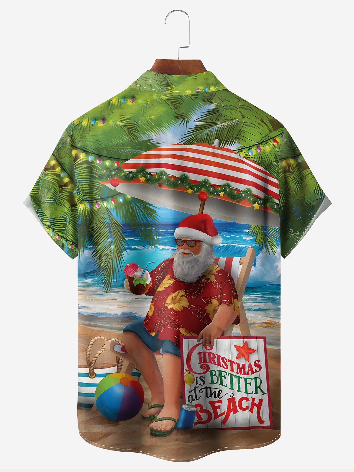 Christmas Beach Santa Chest Pocket Short Sleeve Hawaiian Shirt