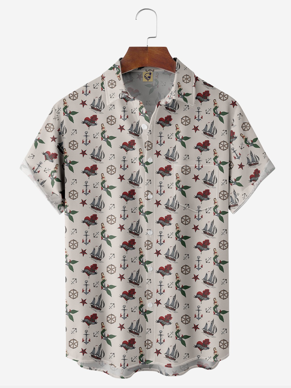 Mermaid Chest Pocket Short Sleeve Hawaiian Shirt