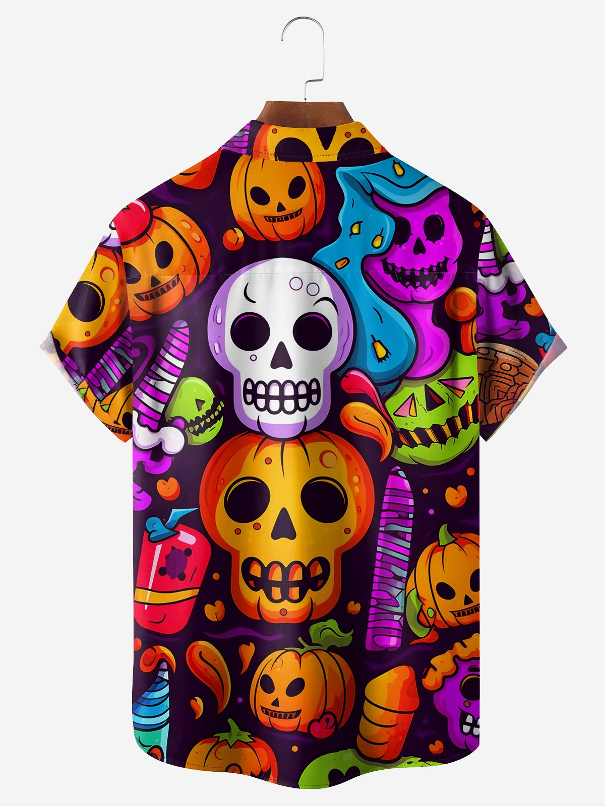 Skull Pumpkin Chest Pocket Short Sleeve Casual Shirt