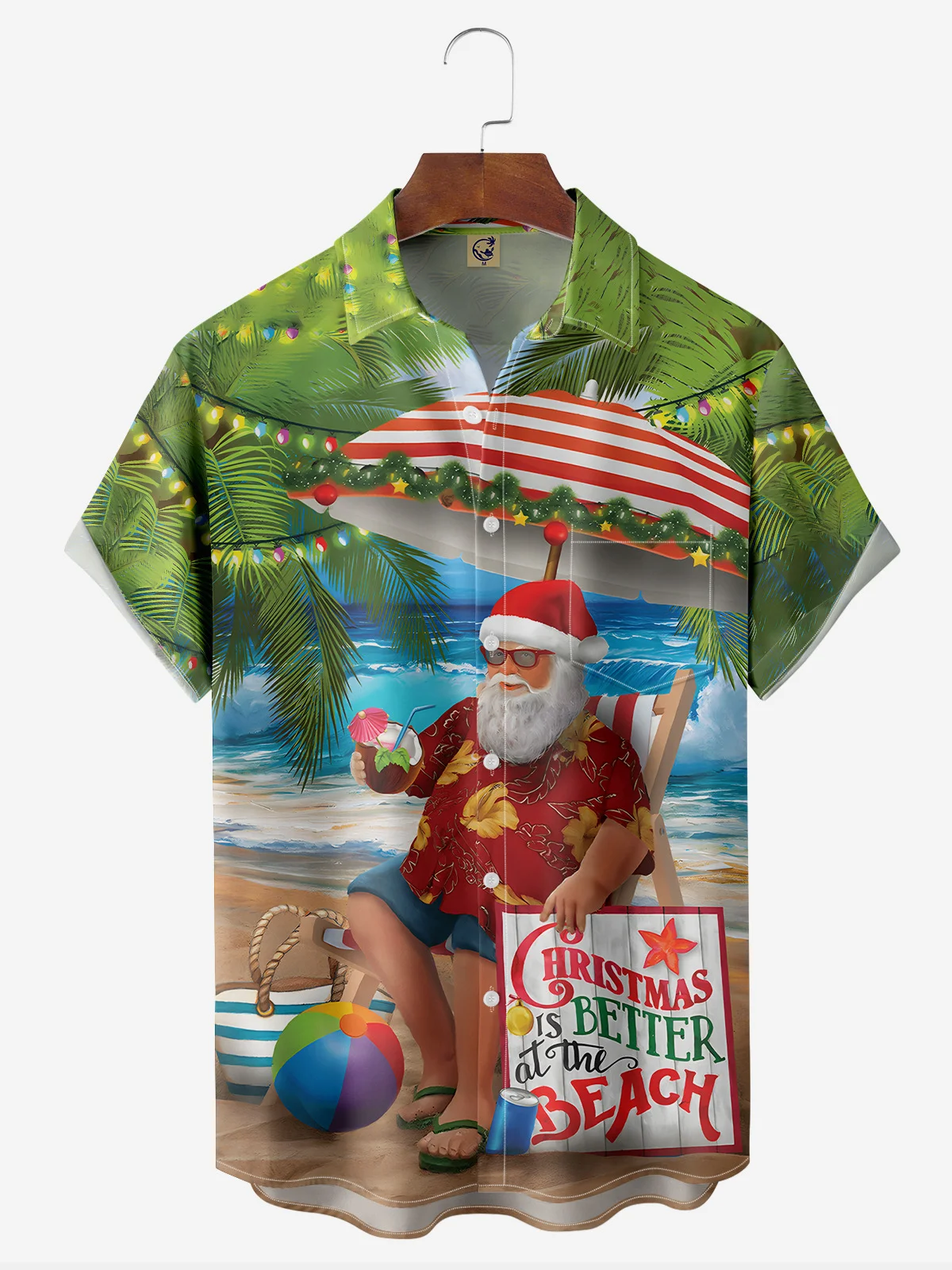 Christmas Beach Santa Chest Pocket Short Sleeve Hawaiian Shirt