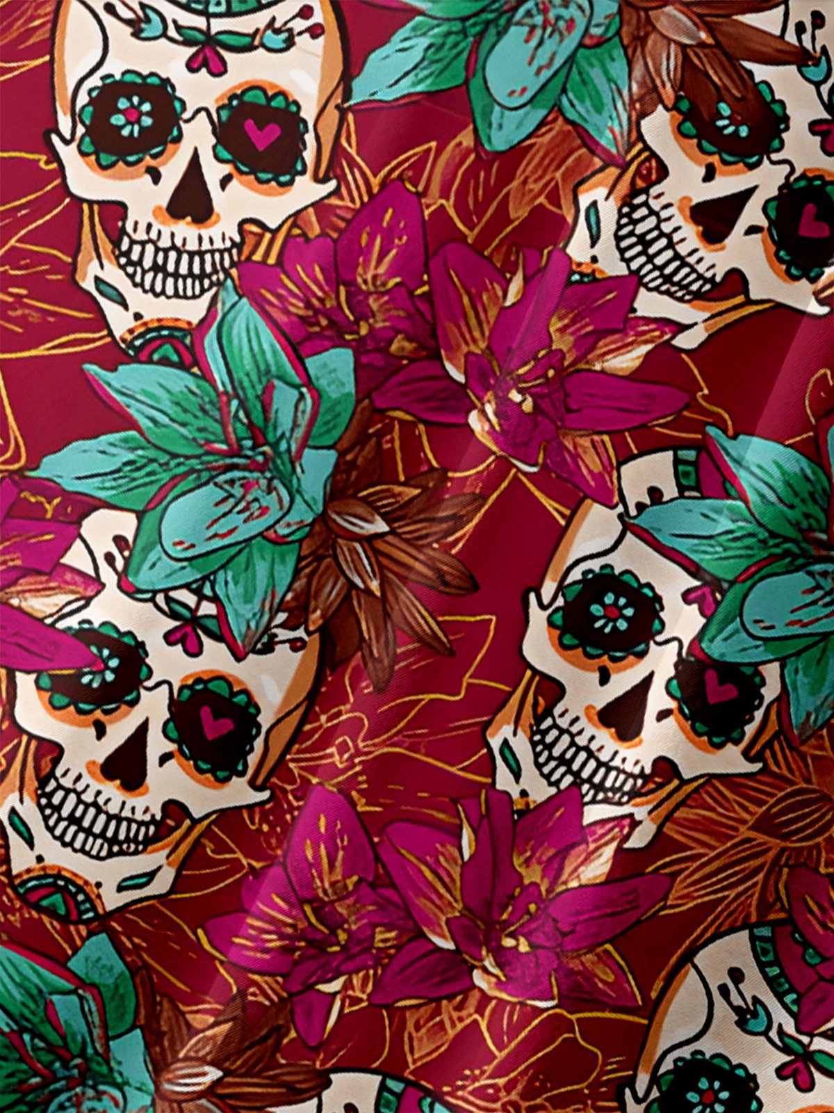 Day of the Dead Skull Chest Pocket Short Sleeve Hawaiian Shirt