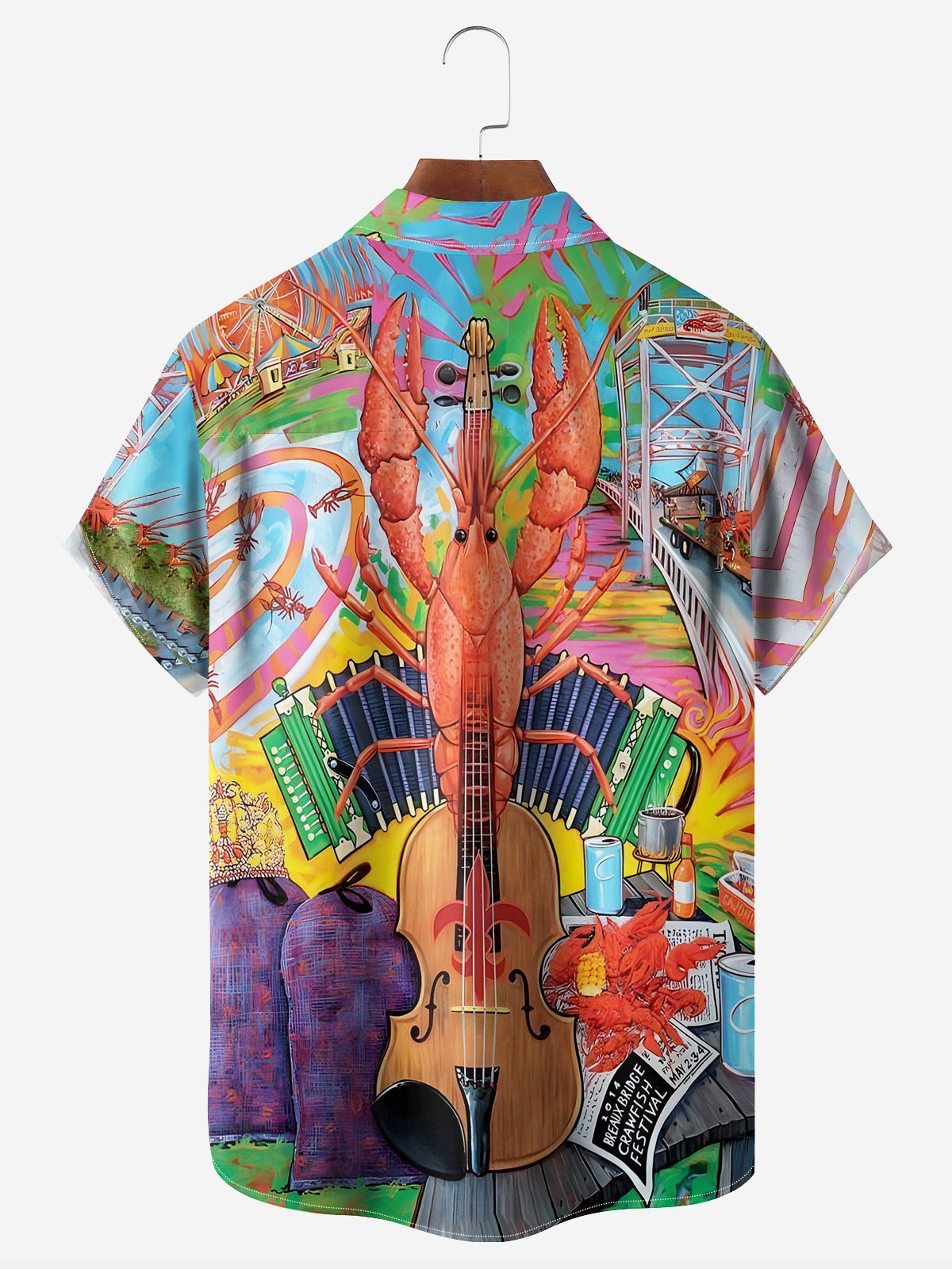 Hawaiian Violin Lobster Chest Pocket Short Sleeve Casual Shirt