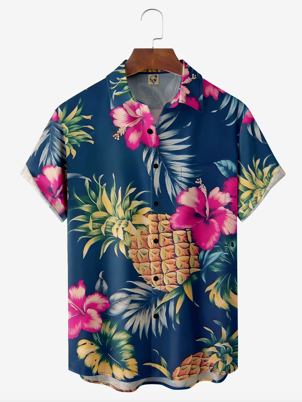 Pineapple Flower Chest Pocket Short Sleeve Hawaiian Shirt