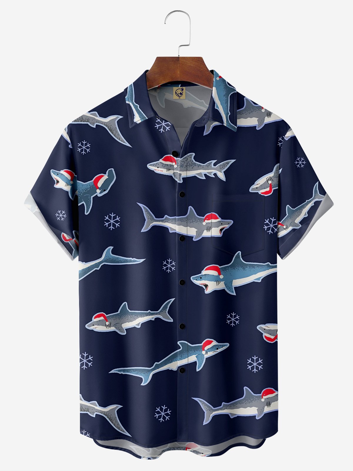 Christmas Shark Chest Pocket Short Sleeve Hawaiian Shirt