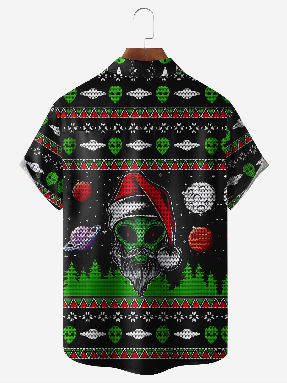 Christmas Alien Chest Pocket Short Sleeve Casual Shirt