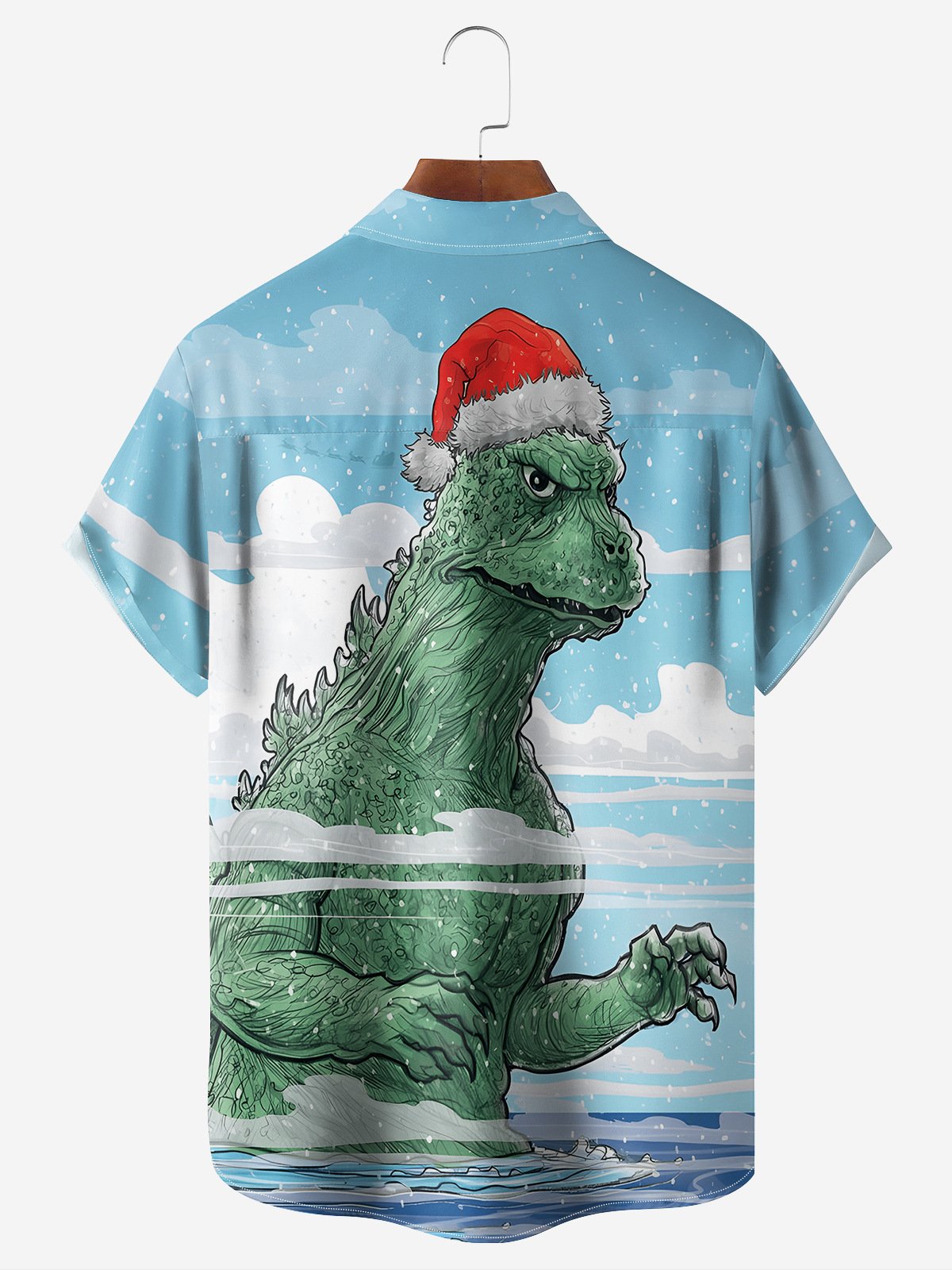 Christmas Dinosaur Chest Pocket Short Sleeve Casual Shirt