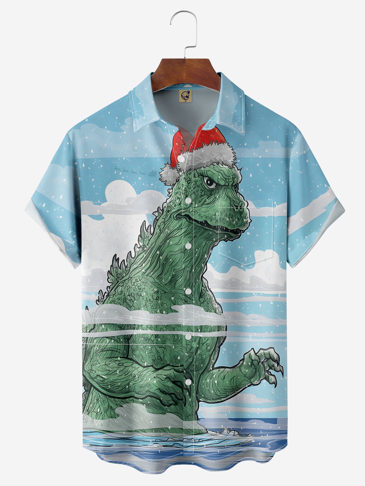 Christmas Dinosaur Chest Pocket Short Sleeve Casual Shirt