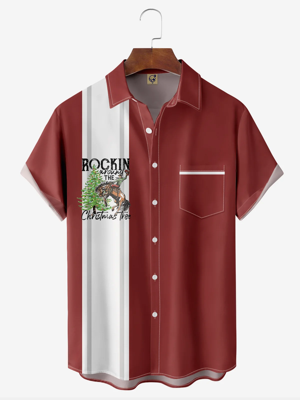 Christmas Western Cowboy Chest Pocket Short Sleeve Bowling Shirt