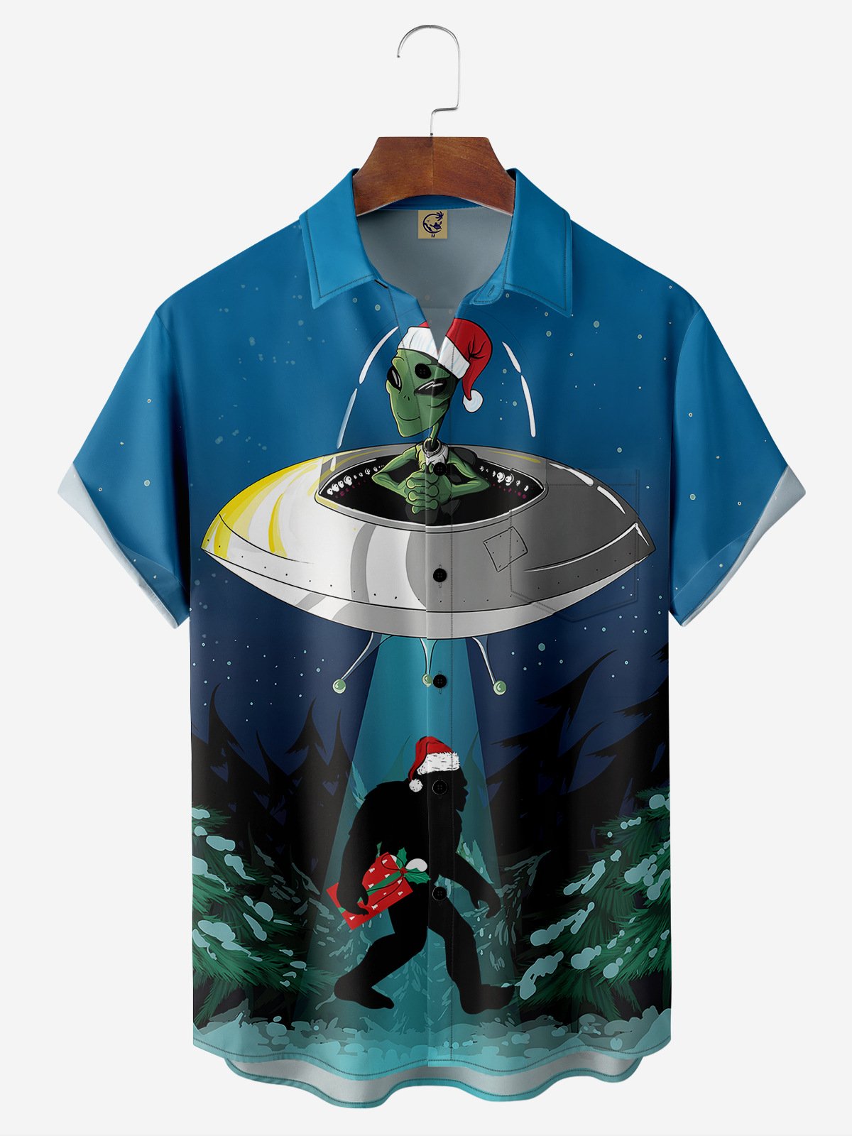 Christmas Alien Chest Pocket Short Sleeve Casual Shirt