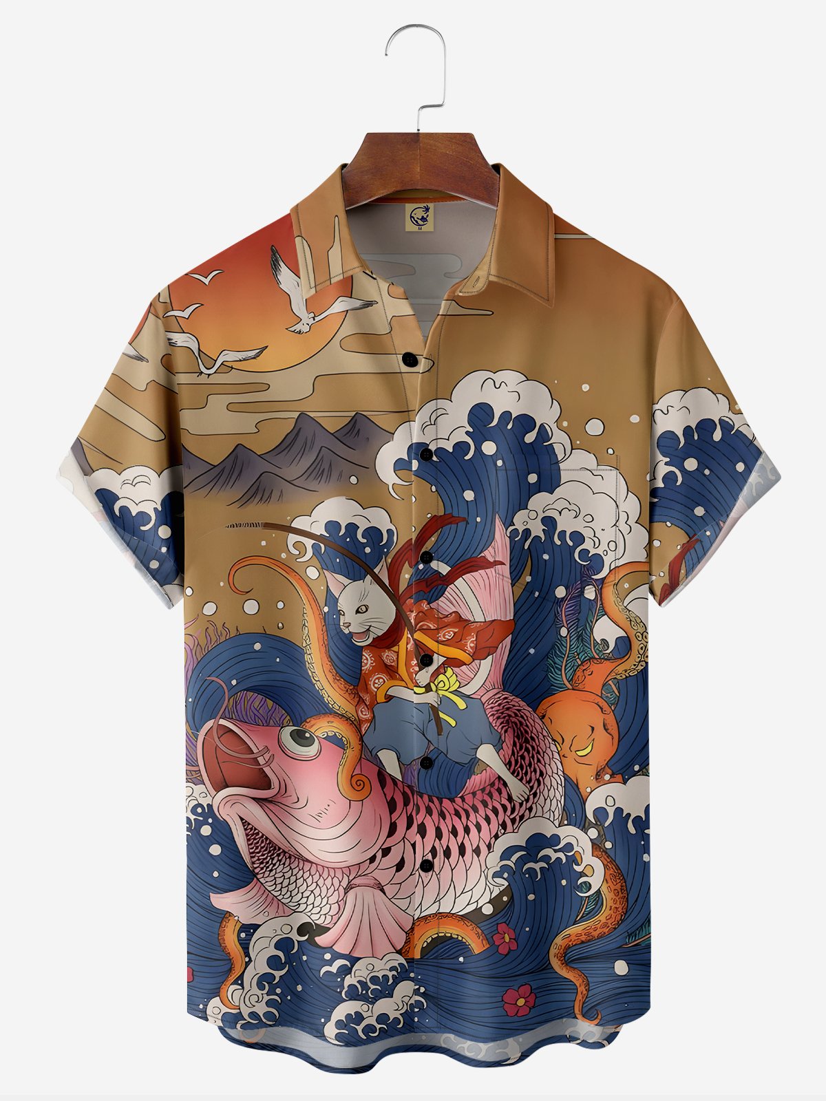 Japanese Ukiyoe Cat Chest Pocket Short Sleeve Hawaiian Shirt