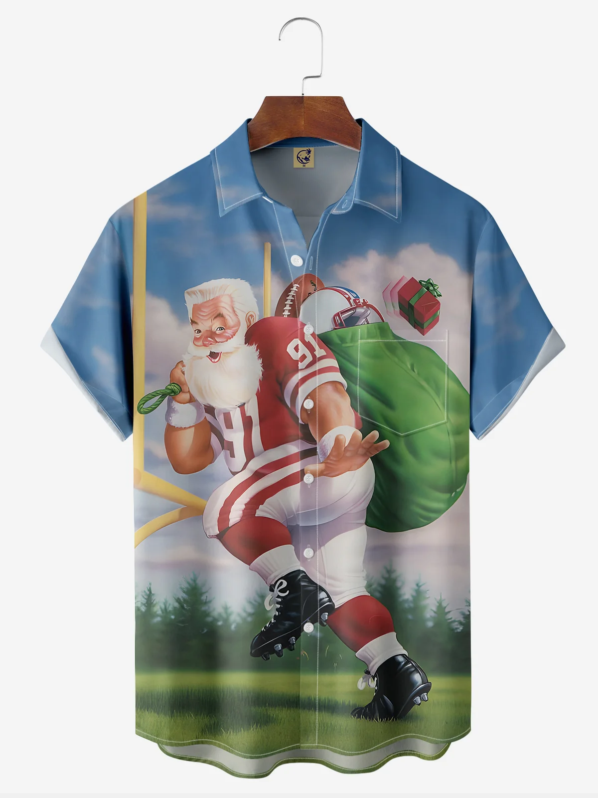 Football Santa Chest Pocket Short Sleeve Vacation Shirt