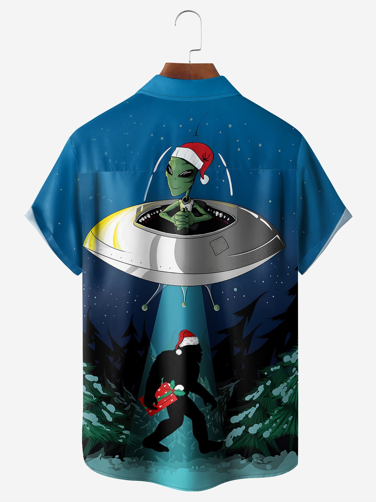 Christmas Alien Chest Pocket Short Sleeve Casual Shirt