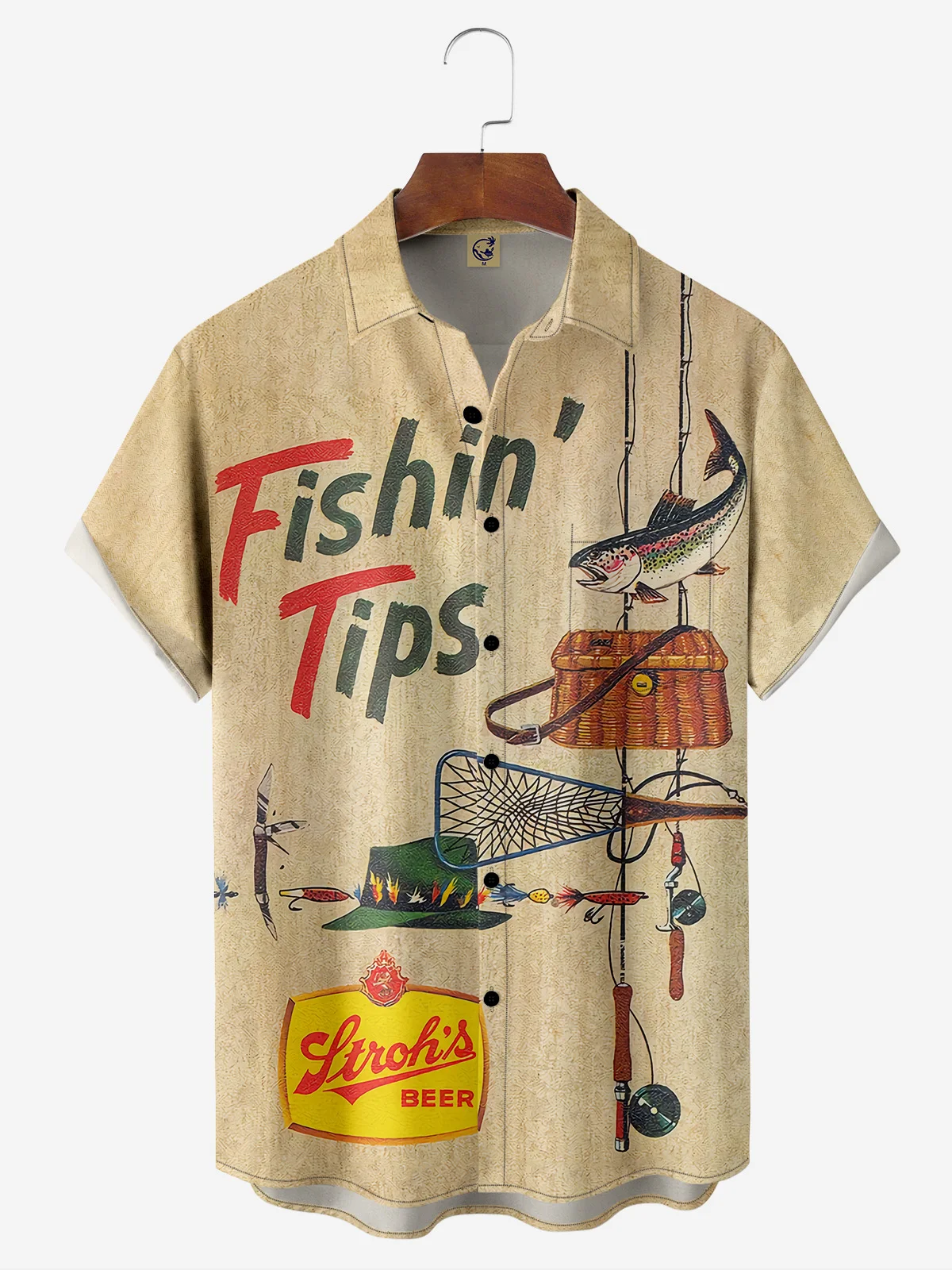 Retro Outdoor Fishing Poster Chest Pocket Short Sleeve Shirt