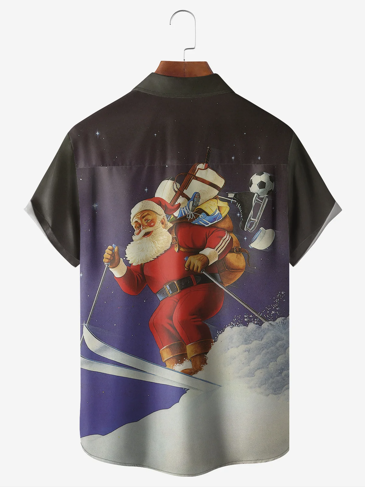 Retro Ski Santa Chest Pocket Short Sleeve Vacation Shirt