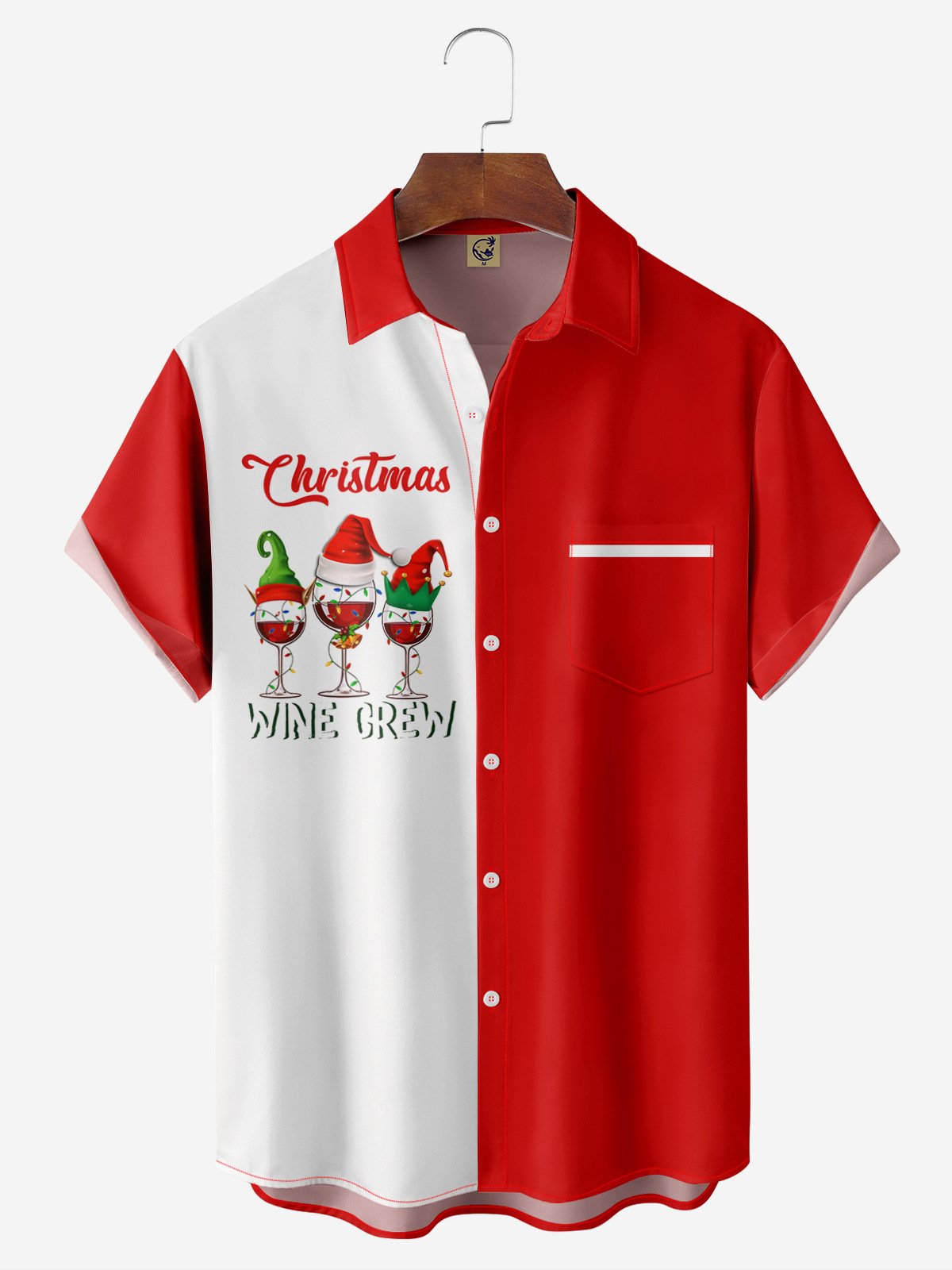 Christmas Wine Glass Chest Pocket Short Sleeve Casual Shirt