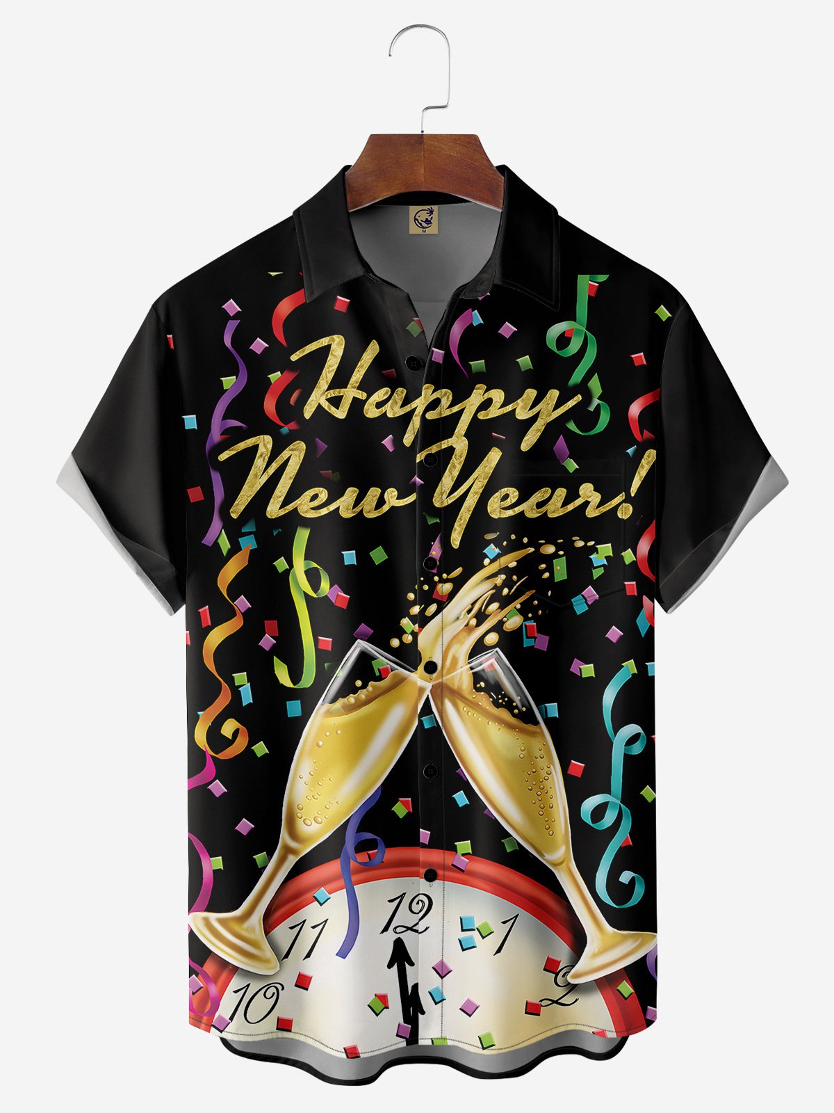 Happy New Year Chest Pocket Short Sleeve Casual Shirt