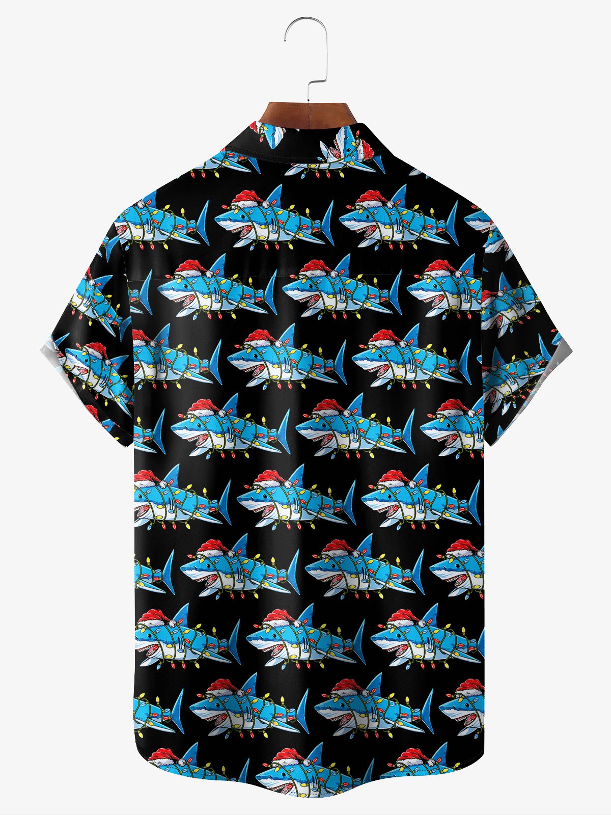 Christmas Shark Chest Pocket Short Sleeve Casual Shirt