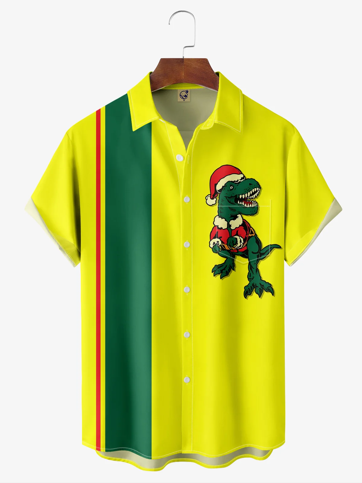 Christmas Dinosaur Chest Pocket Short Sleeve Bowling Shirt