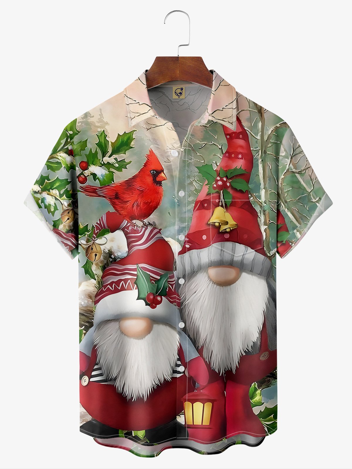 Christmas Gnomes Chest Pocket Short Sleeve Casual Shirt