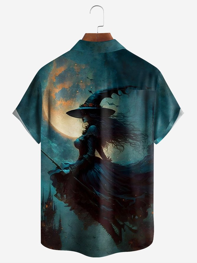 Halloween Witch Chest Pocket Short Sleeve Casual Shirt