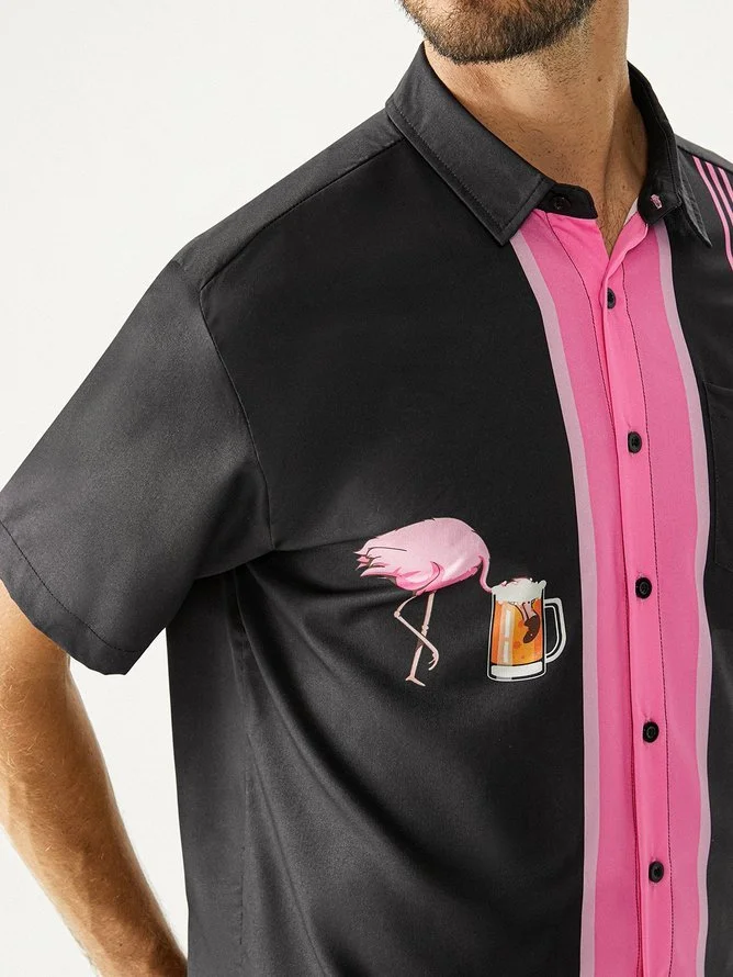 Hardaddy Flamingo Beer Chest Pocket Short Sleeve Bowling Shirt