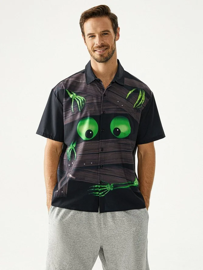 Halloween Skull Eyes Chest Pocket Short Sleeve Casual Shirt