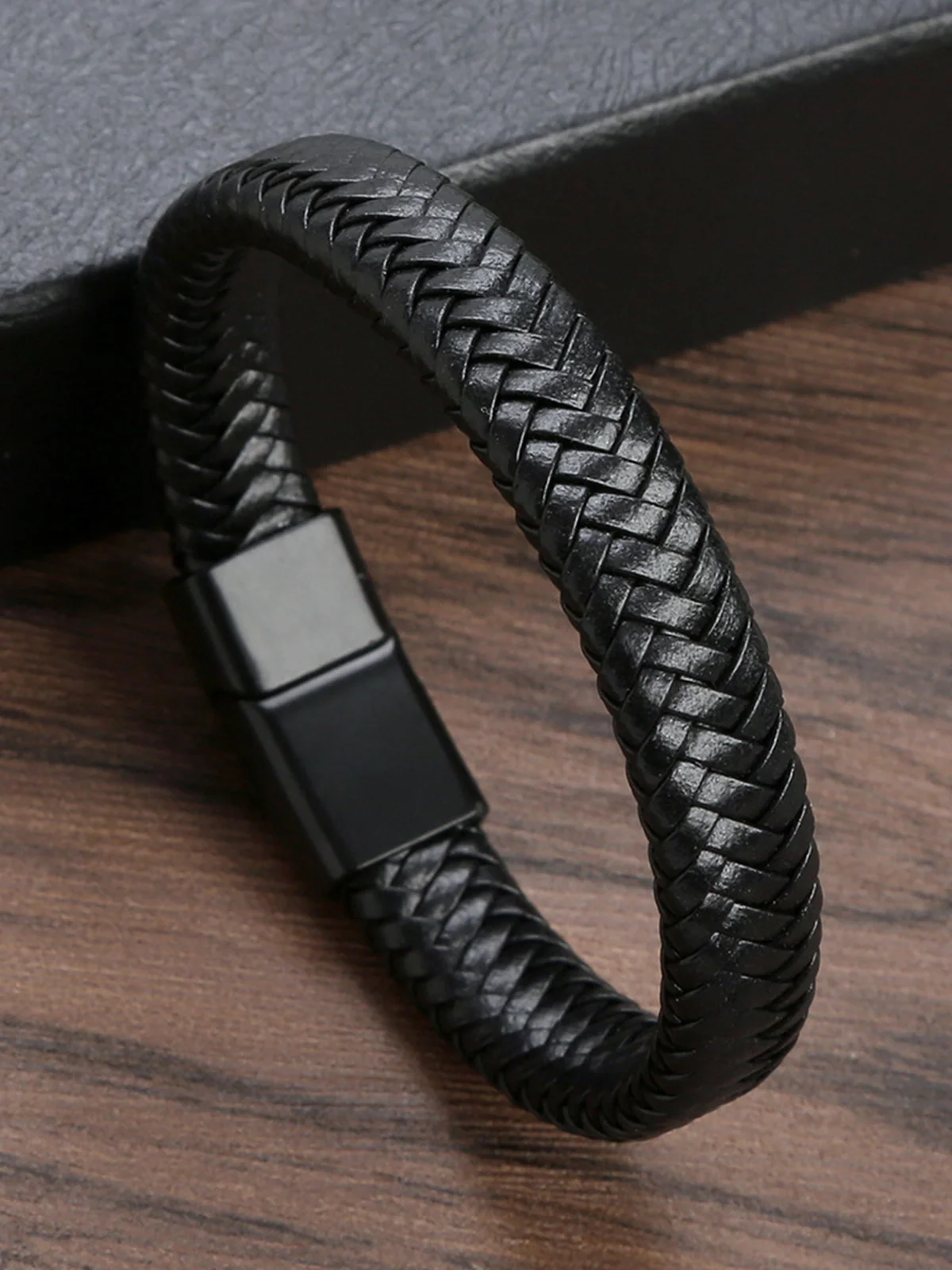Hardaddy Black Handwoven Leather Cord Magnetic Bracelet