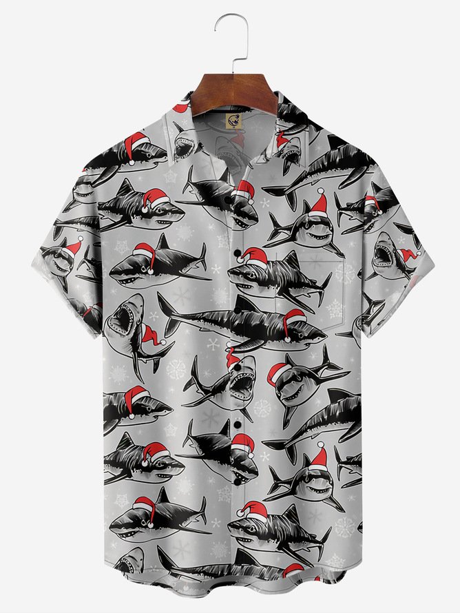 Big Size Christmas Sharks Chest Pocket Short Sleeve Shirt