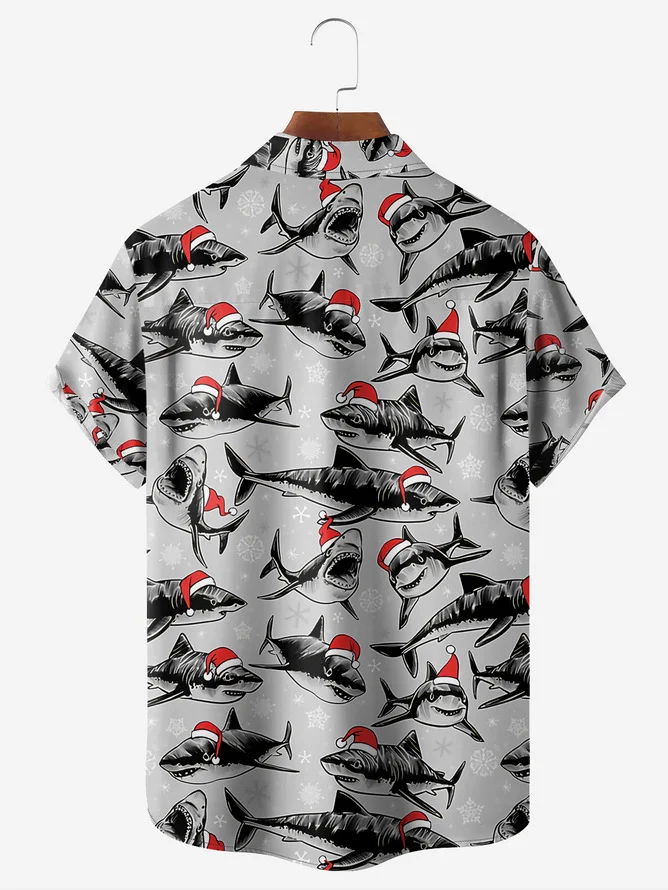 Big Size Christmas Sharks Chest Pocket Short Sleeve Shirt