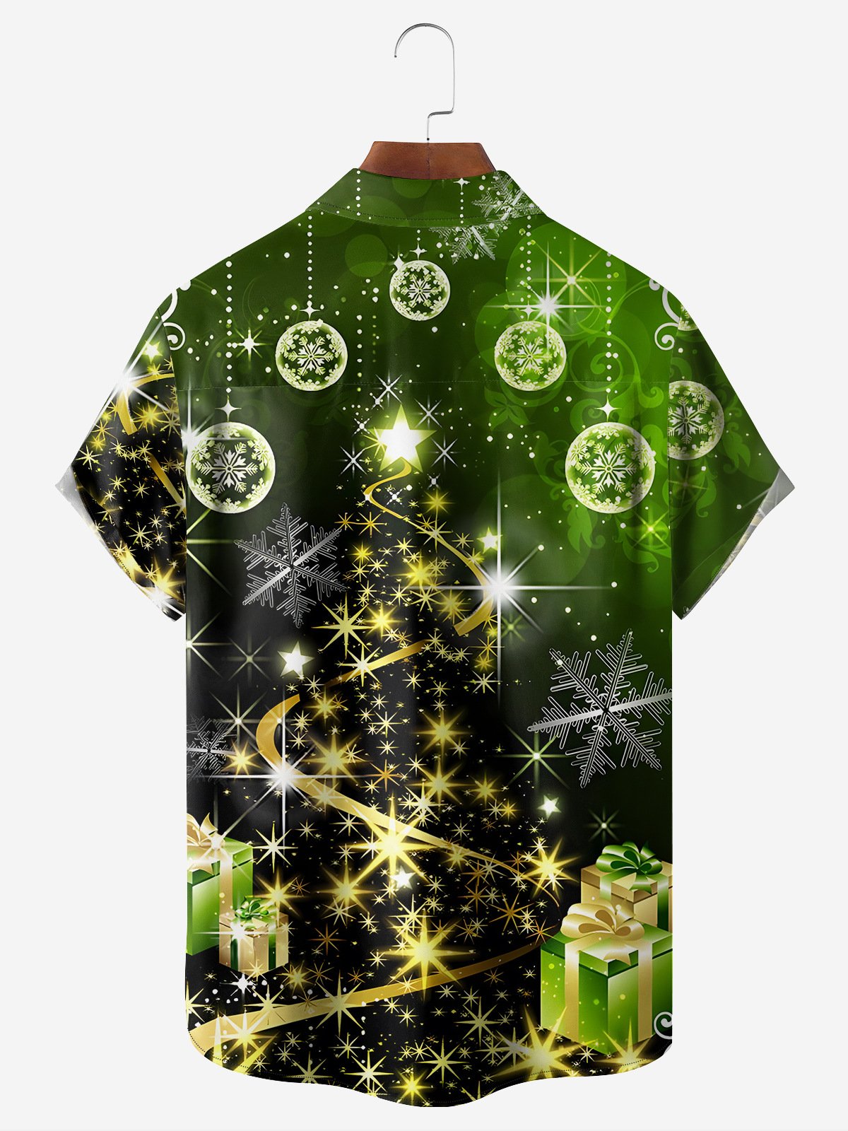 Gold Christmas Tree Chest Pocket Short Sleeve Vacation Shirt