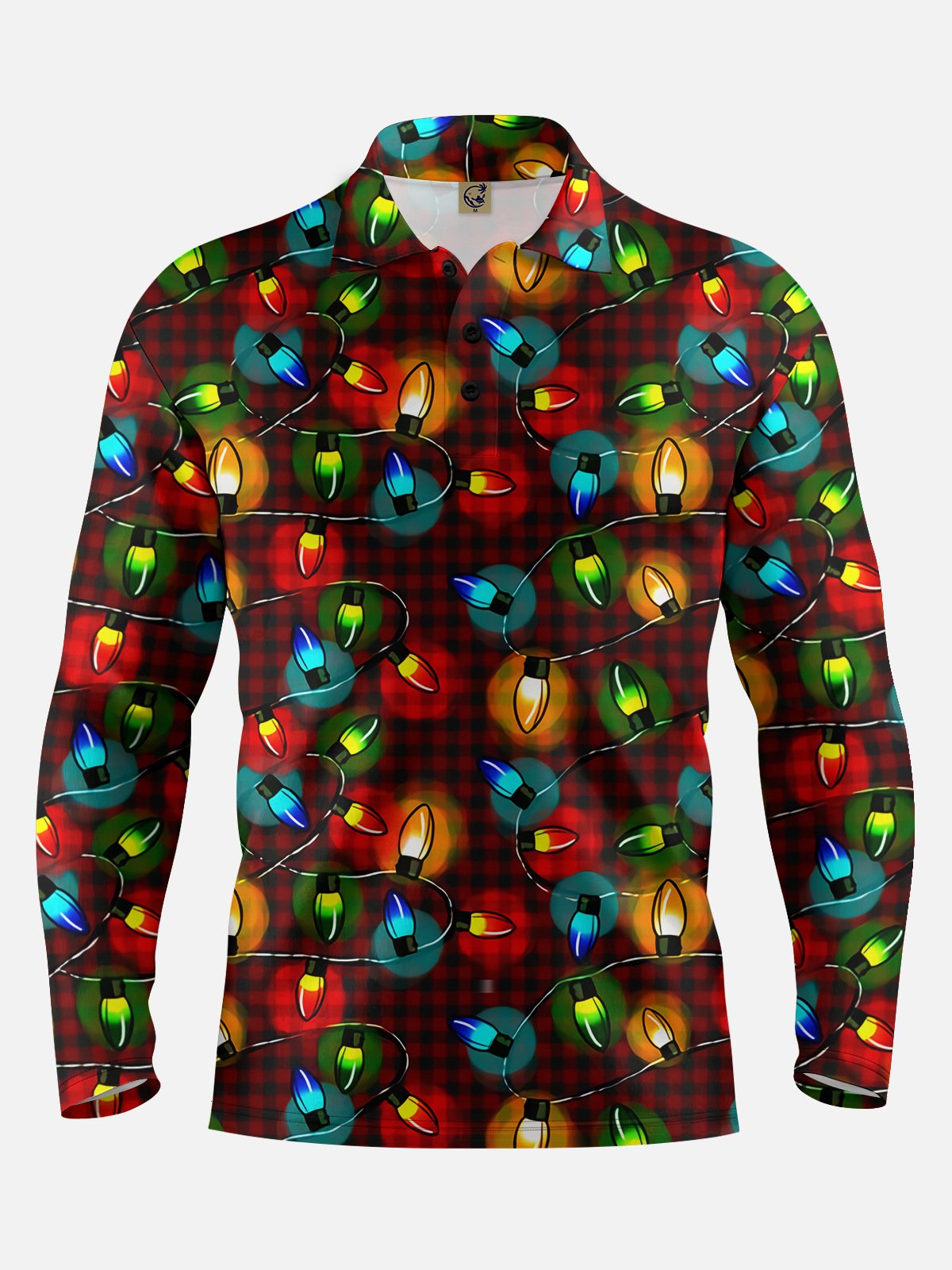 Christmas Lights Plaid Long Sleeve Vacation Polo Shirt