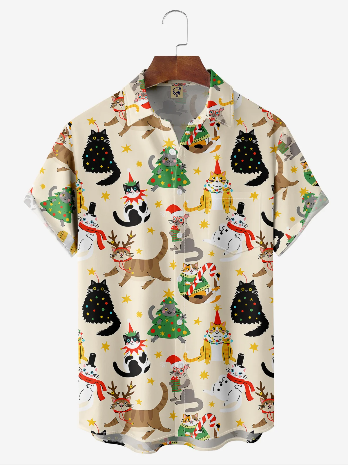 Christmas Cat Print Chest Pocket Short Sleeve Casual Shirt