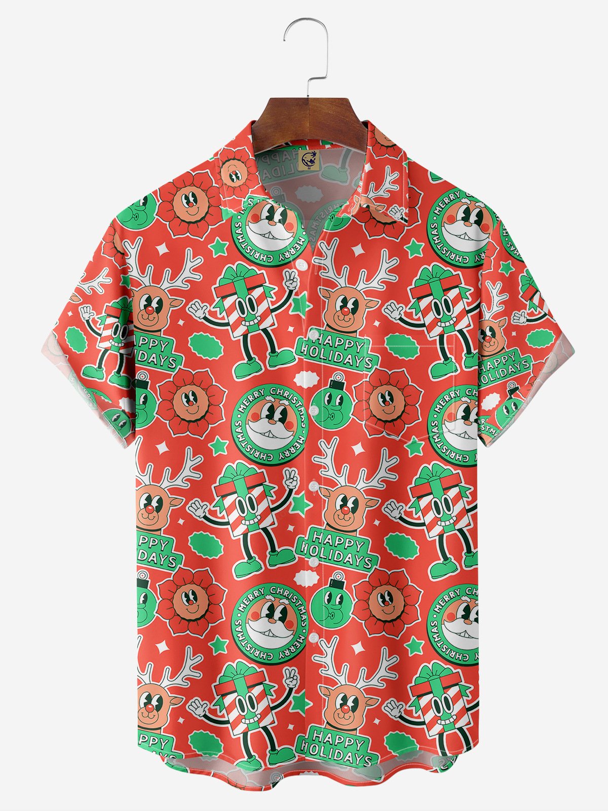 Merry Christmas Chest Pocket Short Sleeve Casual Shirt