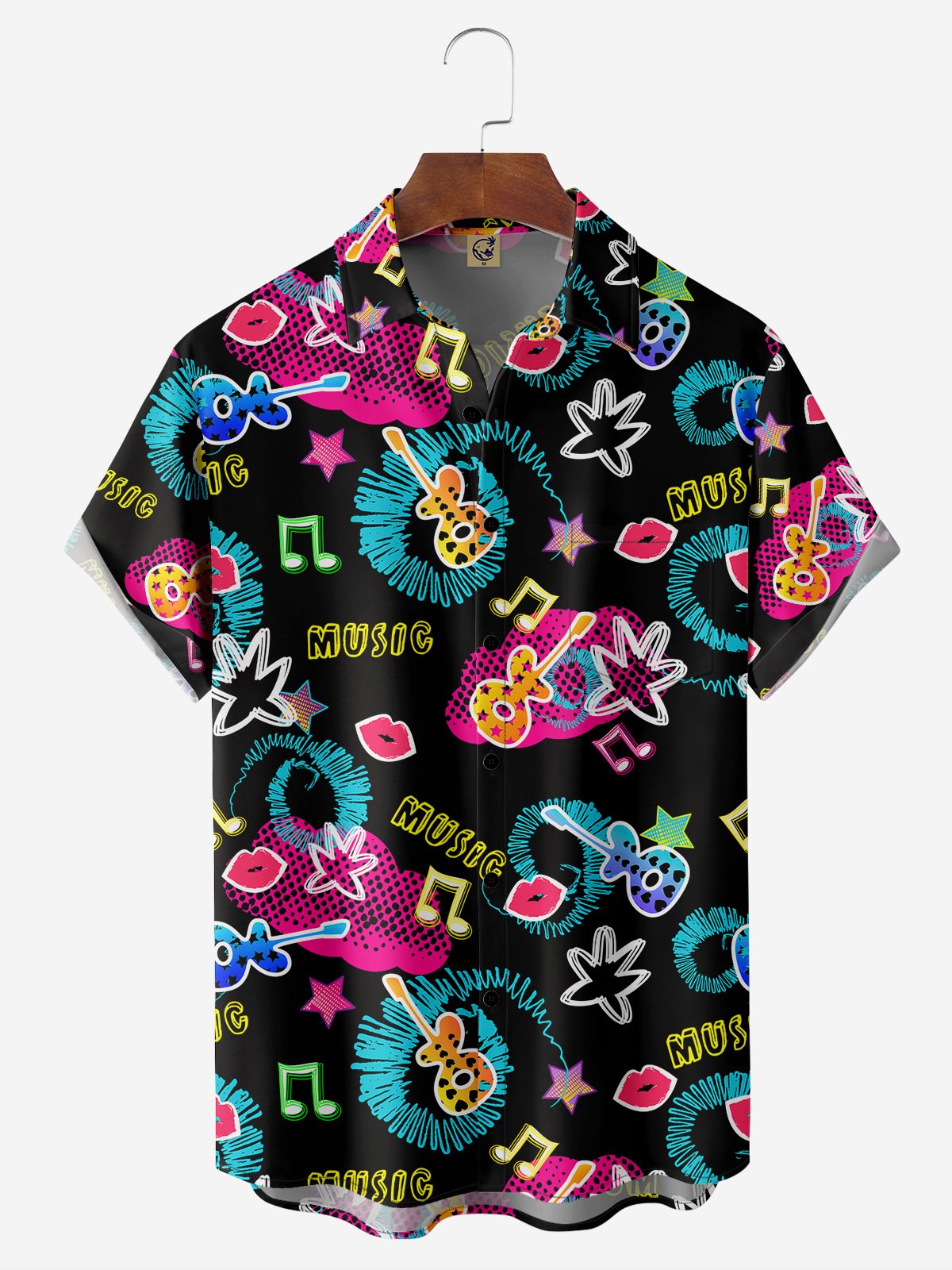 Guitar Festival Print Chest Pocket Short Sleeve Casual Shirt
