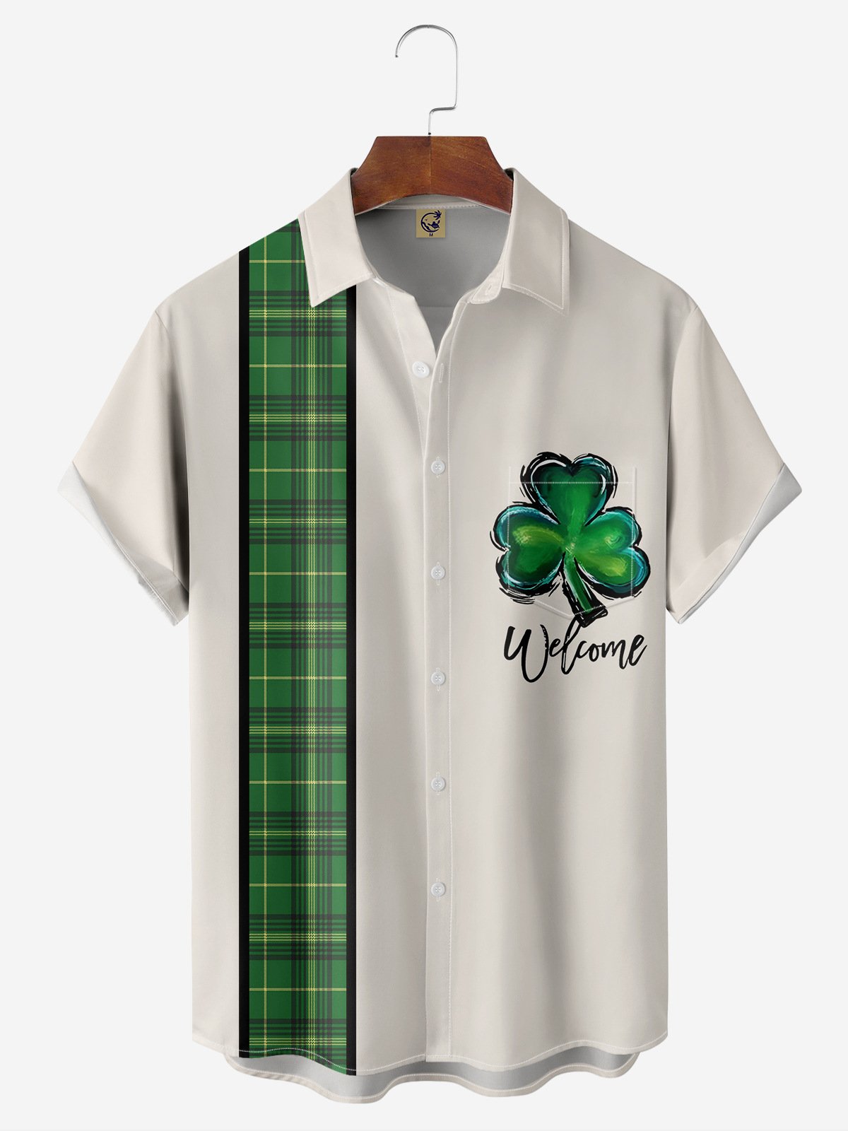 St. Patrick's Day Shamrock Chest Pocket Short Sleeve Bowling Shirt