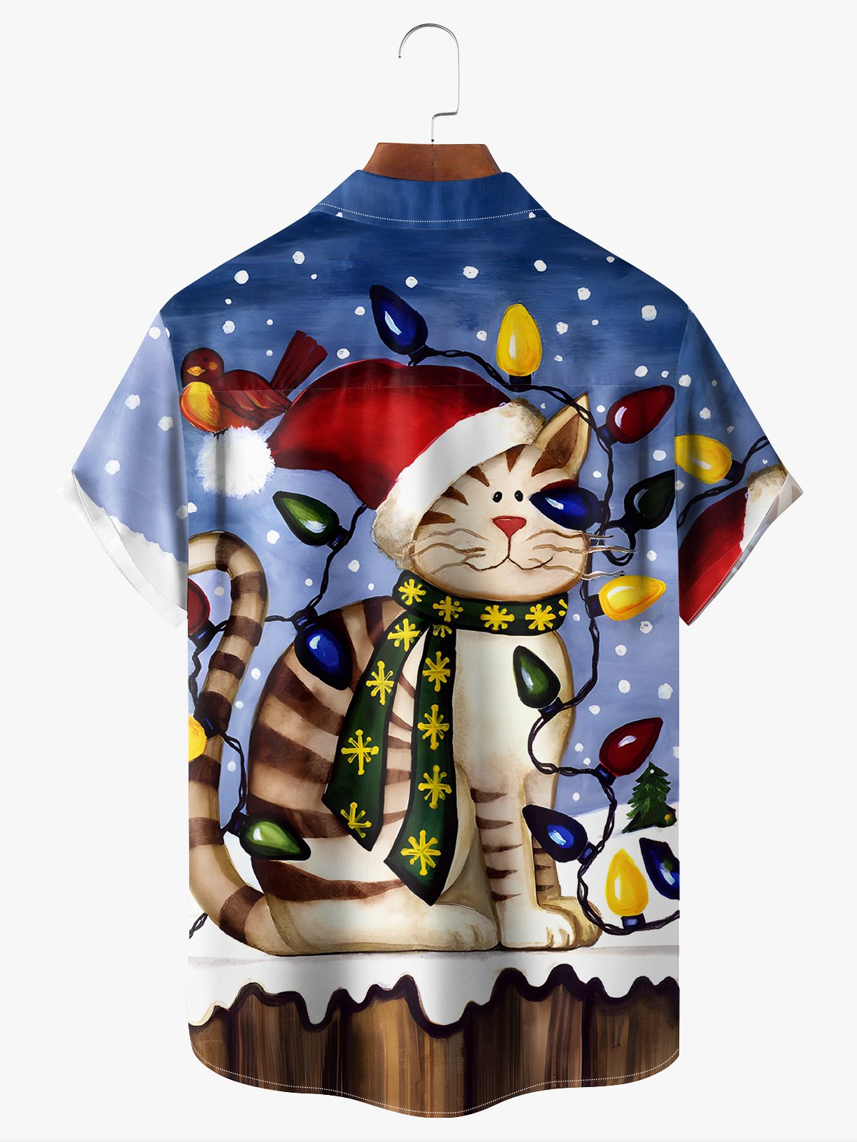 Christmas Santa Claus Cat Chest Pocket Short Sleeve Casual Shirt