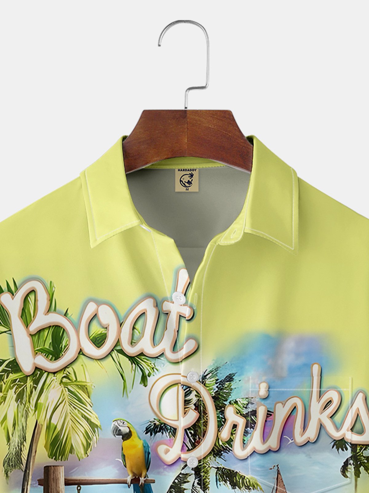 Hardaddy Beach Boat Drinks Scenery Chest Pocket Regular Fit Yellow Short Sleeve Hawaiian Shirt