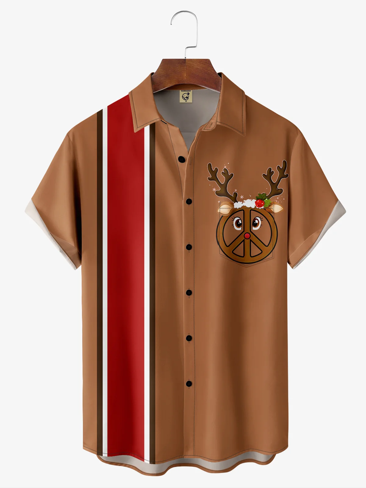 Christmas Peace Symbol Elk Chest Pocket Short Sleeve Bowling Shirt
