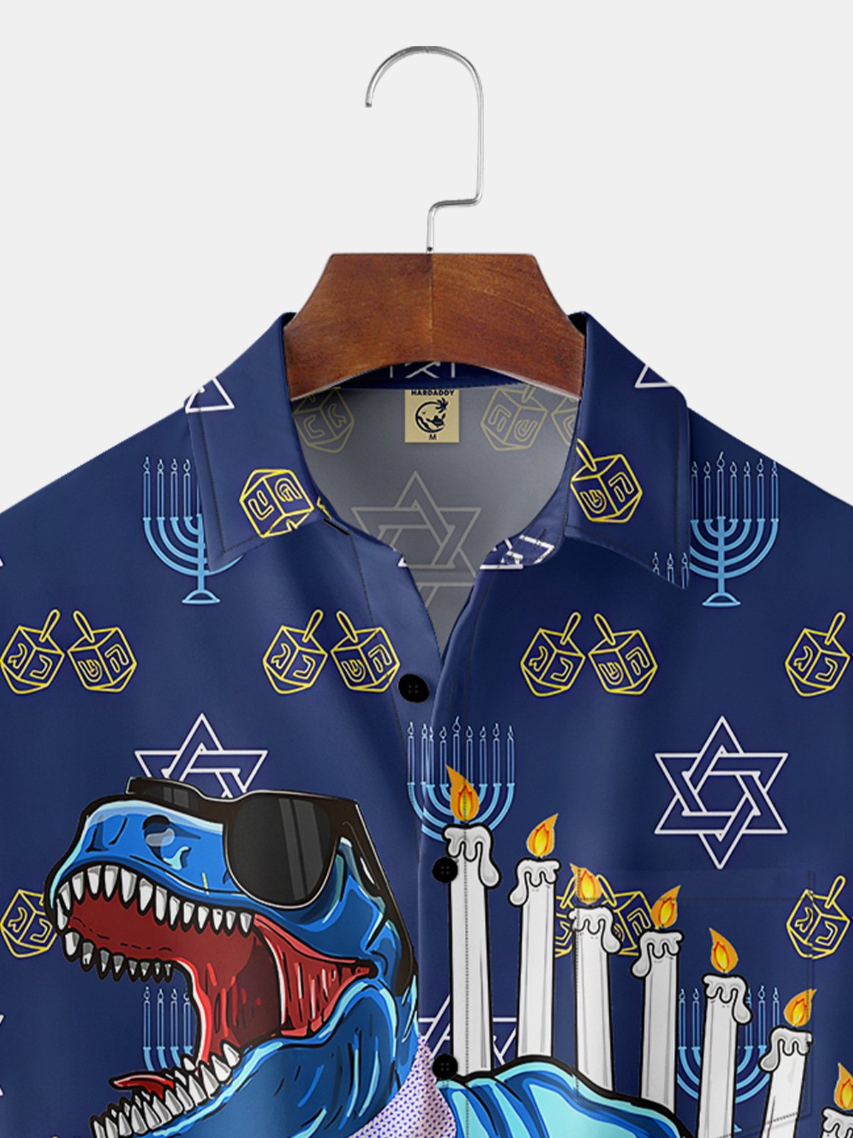 Hanukkah Dinosaur Chest Pocket Short Sleeve Casual Shirt