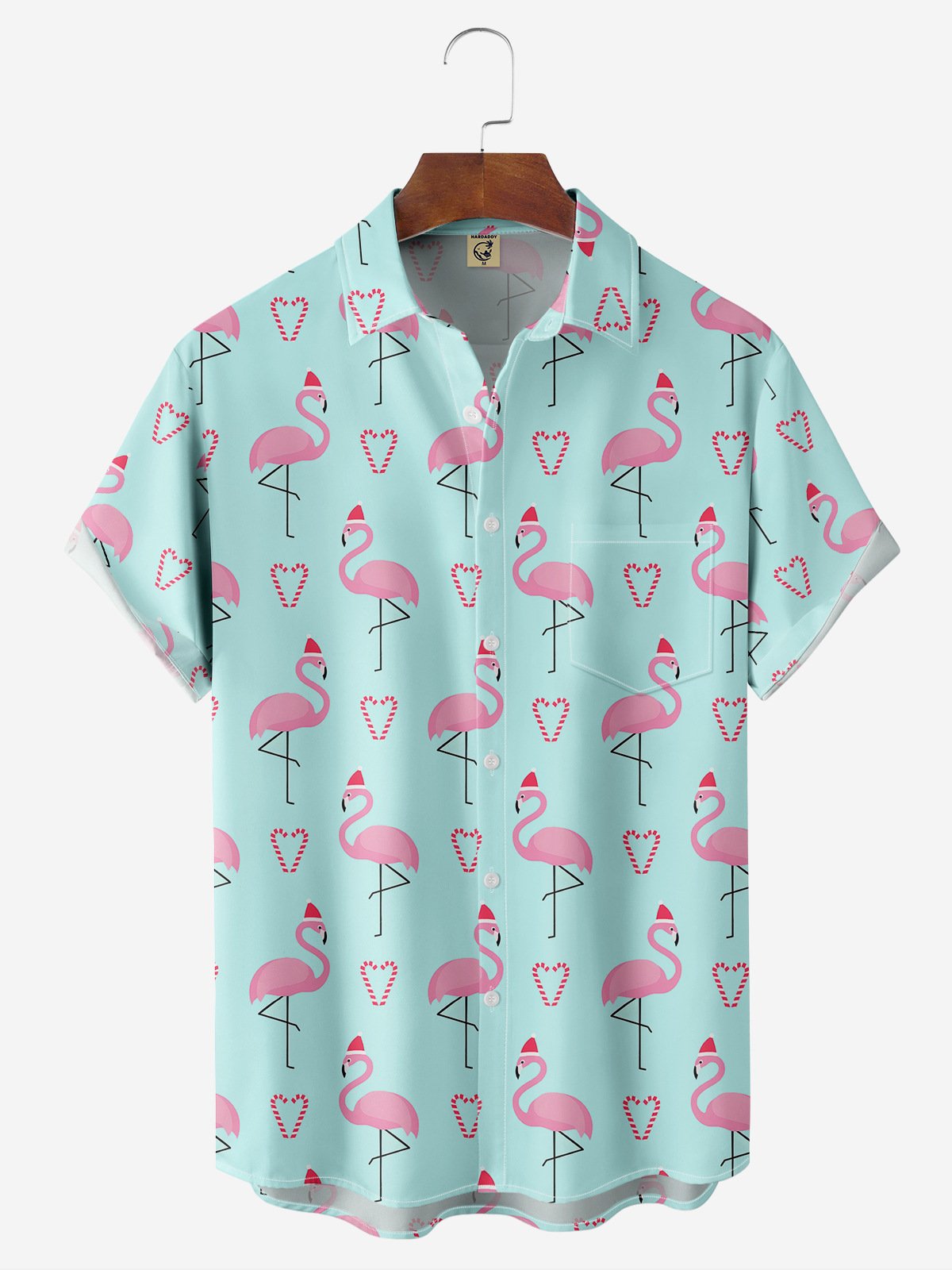 Christmas Flamingo Chest Pocket Short Sleeve Hawaiian Shirt