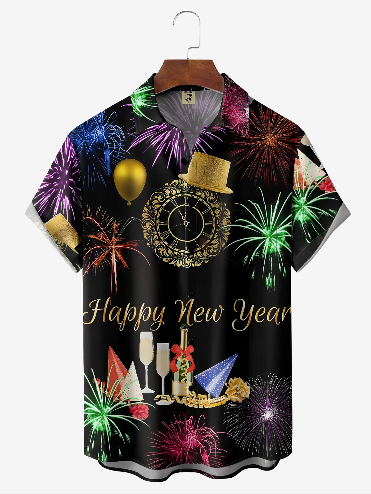 New Year Fireworks Chest Pocket Short Sleeve Casual Shirt