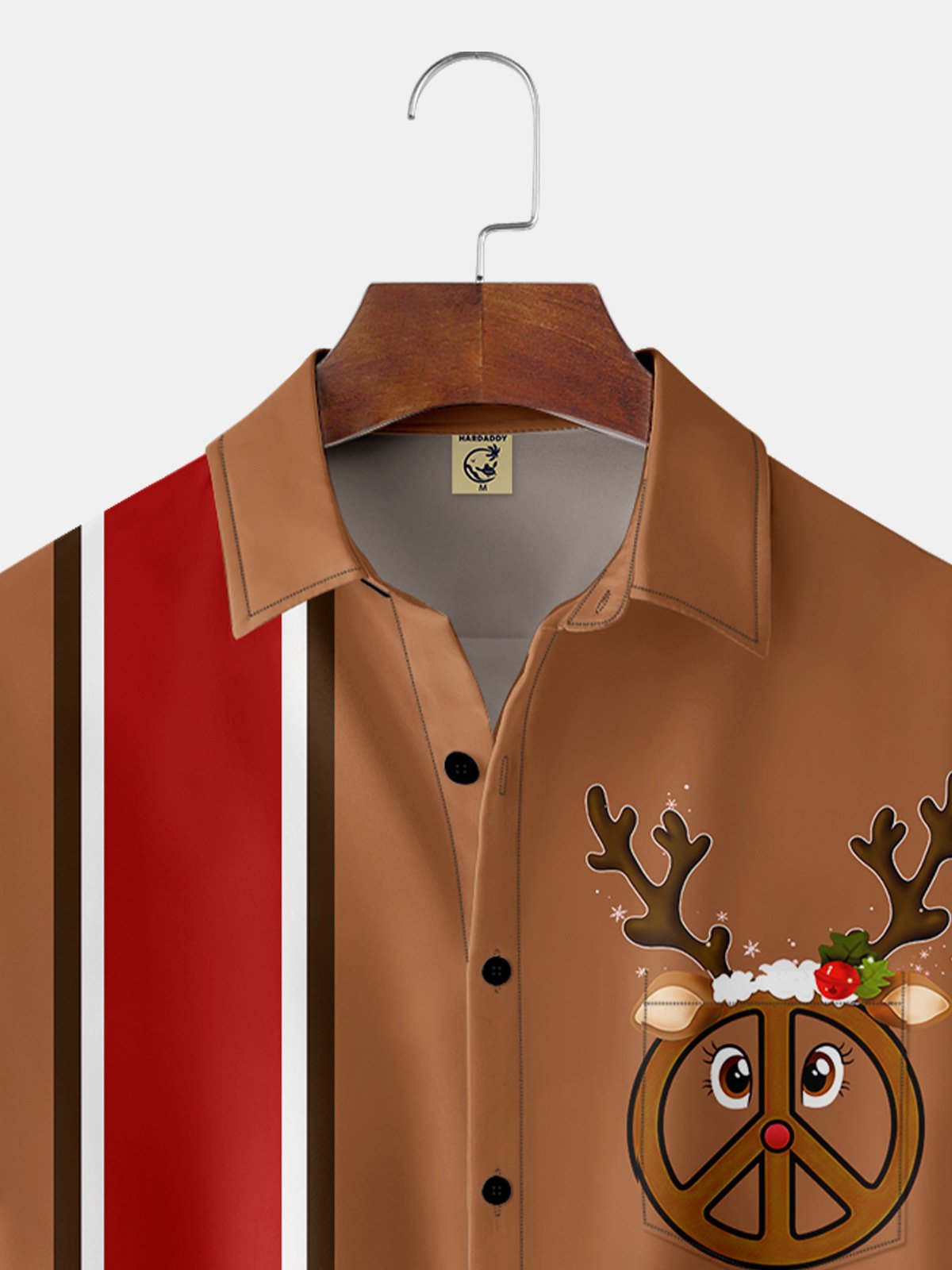 Christmas Peace Symbol Elk Chest Pocket Short Sleeve Bowling Shirt