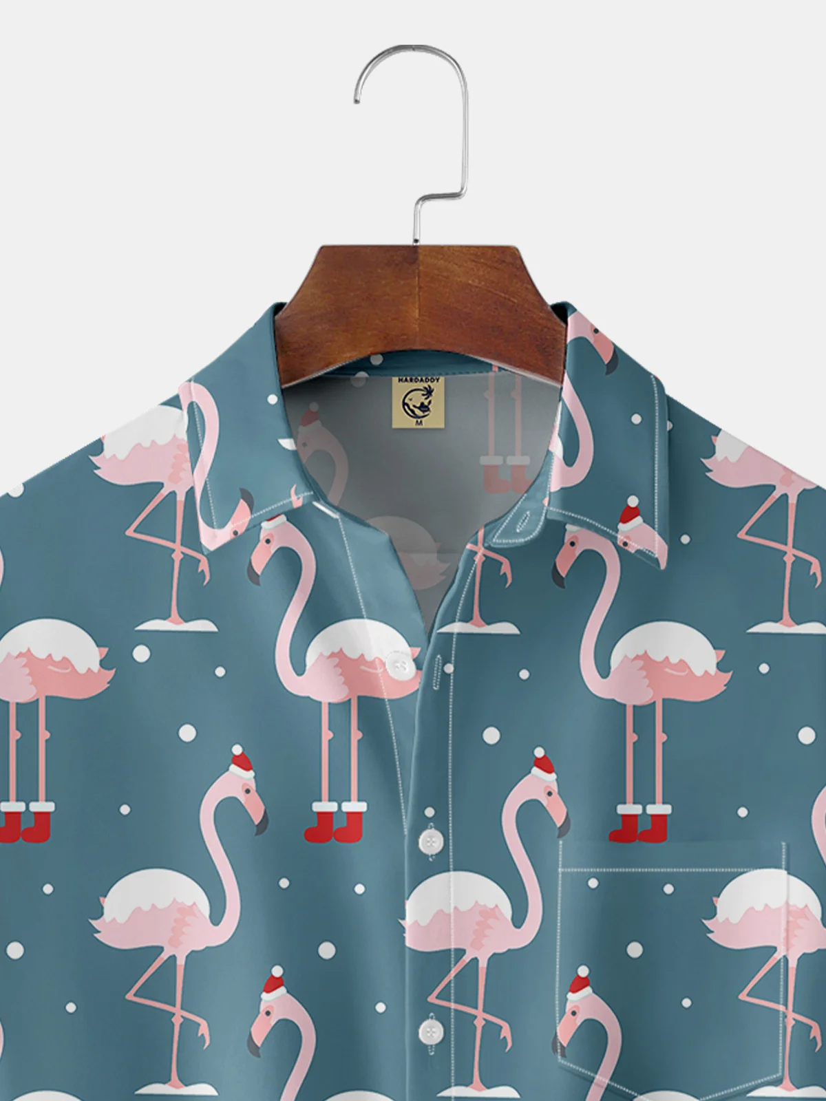 Christmas Flamingo Chest Pocket Short Sleeve Hawaiian Shirt