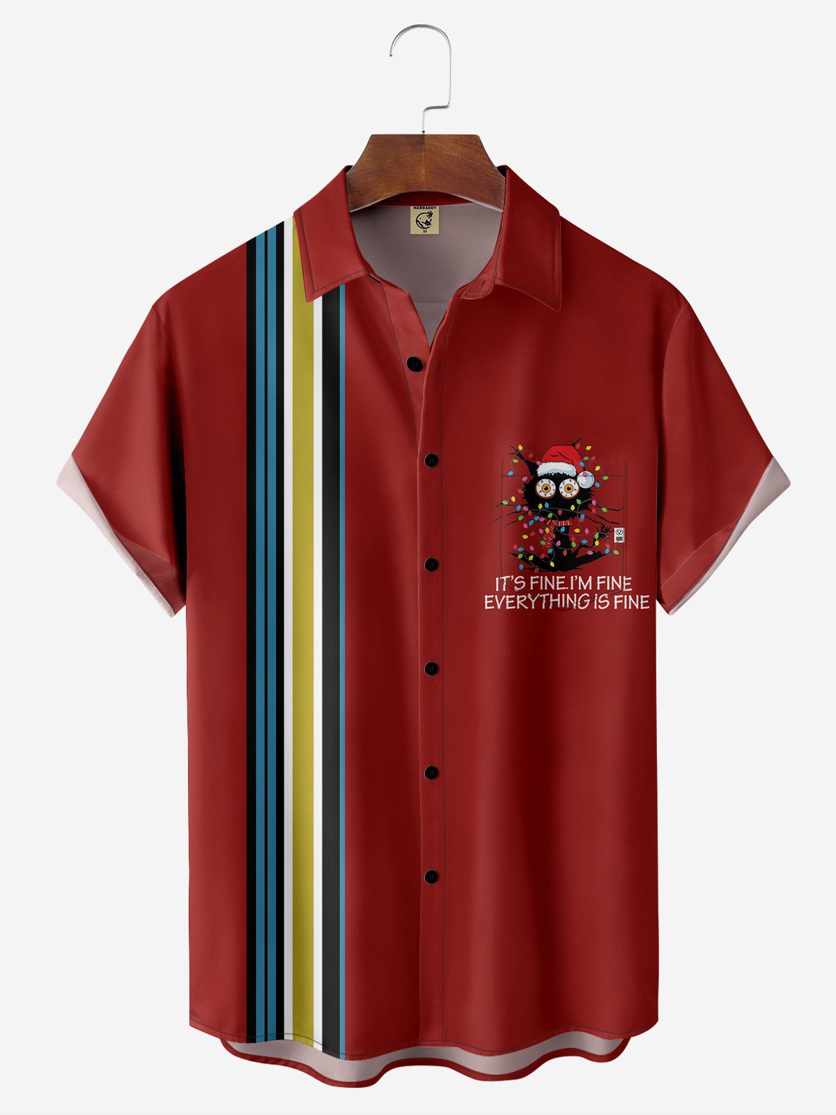 Christmas Cat Chest Pocket Short Sleeve Bowling Shirt