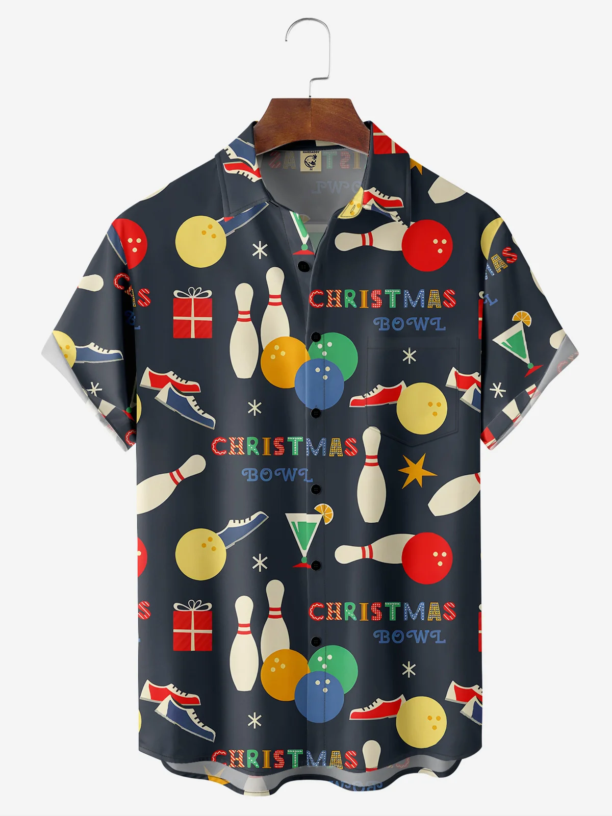 Christmas Bowling Chest Pocket Short Sleeve Casual Shirt