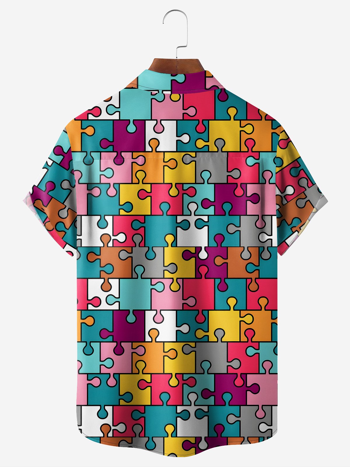 Geometric Puzzle Chest Pocket Short Sleeve Casual Shirt