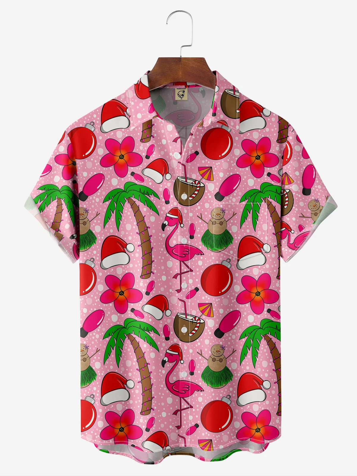 Christmas Flamingo Chest Pocket Short Sleeve Hawaiian Shirt