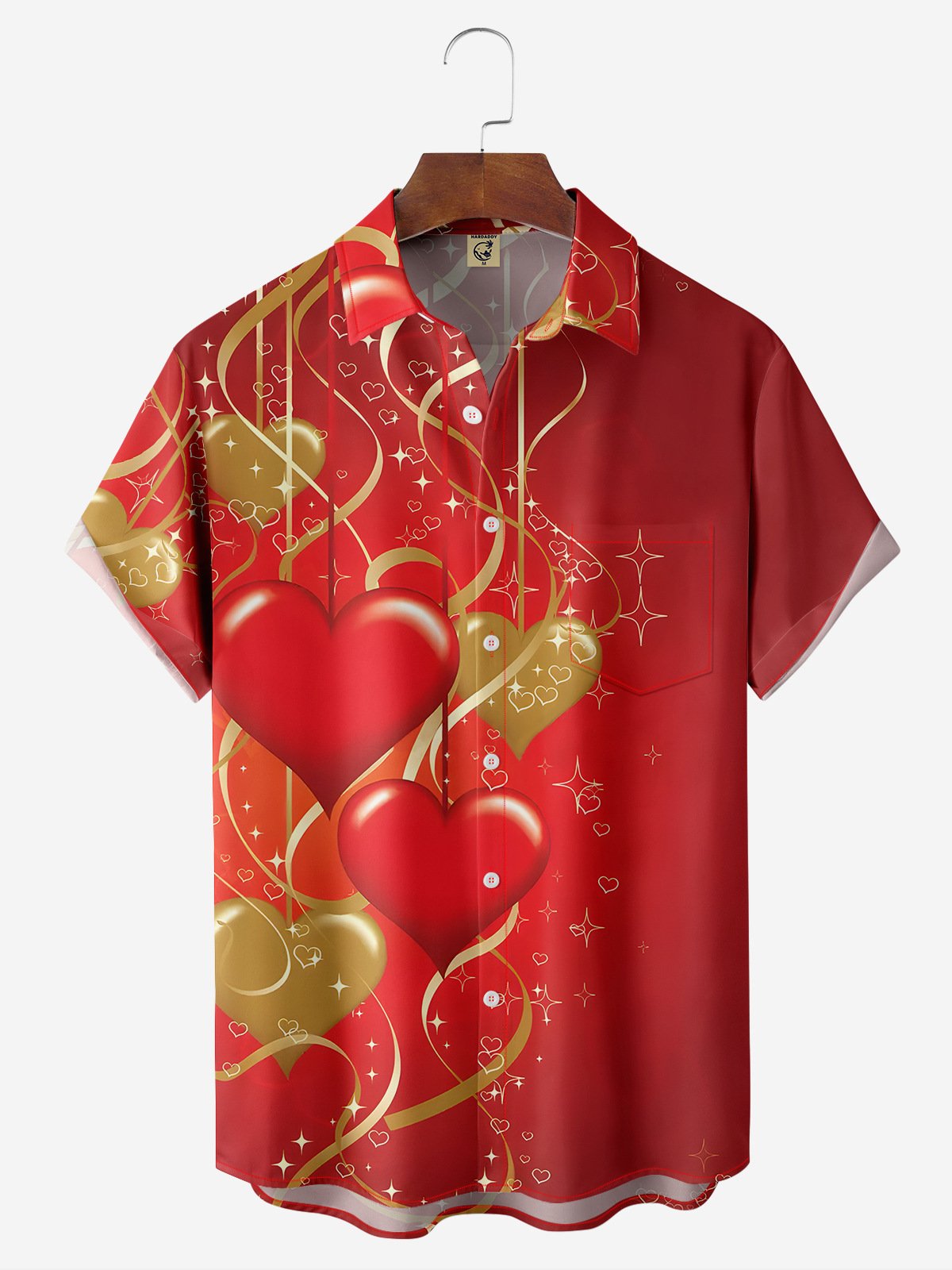 Hardaddy Valentine's Day Heart Chest Pocket Short Sleeve Casual Shirt