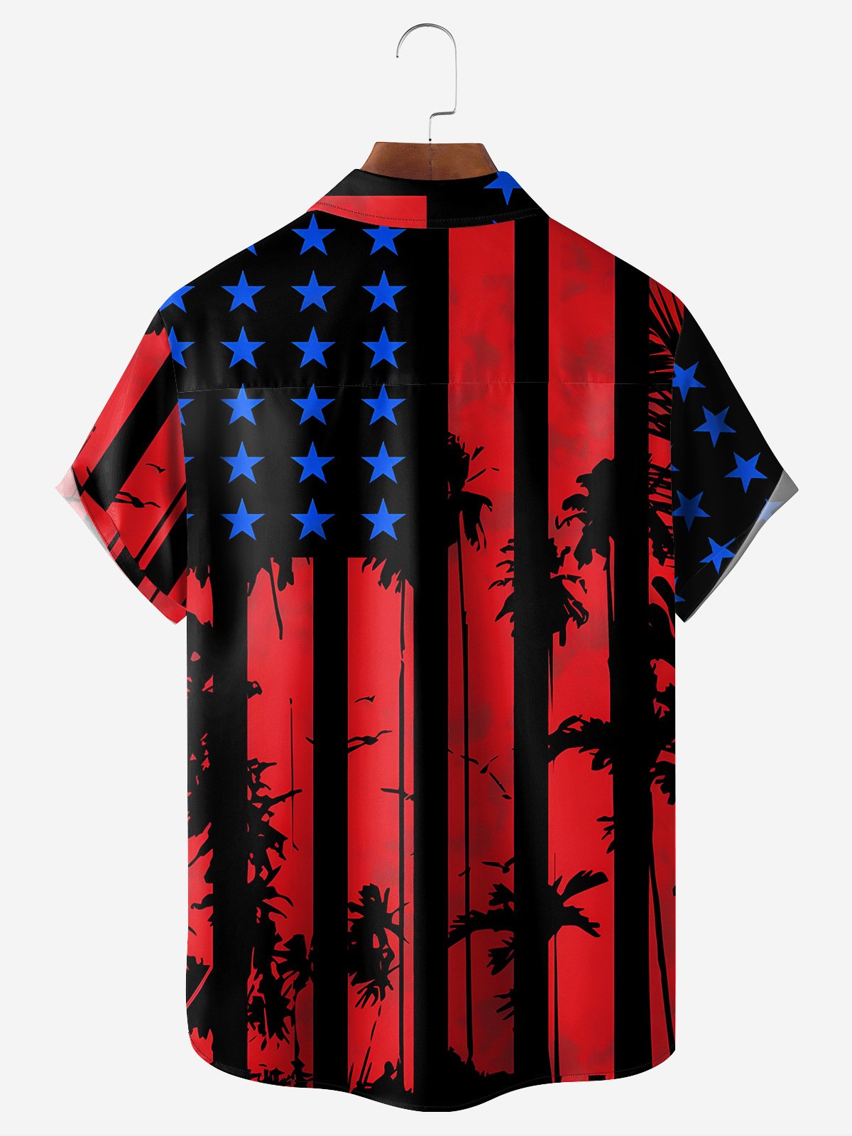 Flag Coconut Tree Chest Pocket Short Sleeve Casual Shirt